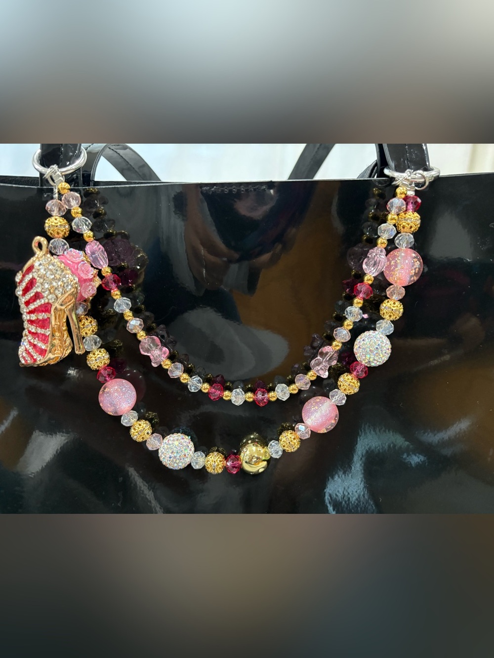 Pink Beaded Double-Strand Bracelet with Rhinestone Shoe Charm